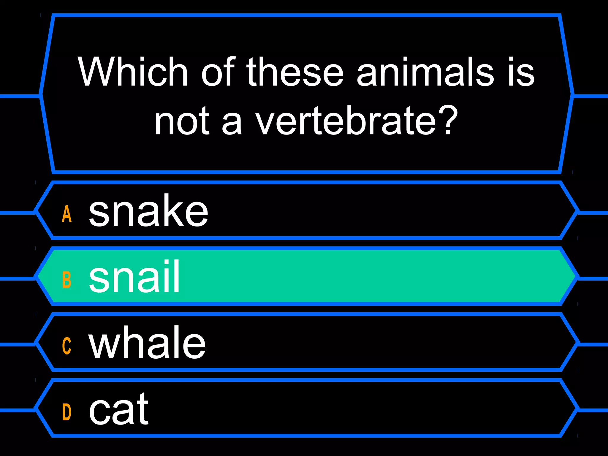 Which of these animals is
       not a vertebrate?

A   snake
B   snail
C   whale
D   cat
 