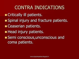 CONTRA INDICATIONS
 Critically ill patients.
 Spinal injury and fracture patients.
 Ceaserian patients.
 Head injury patients.
 Semi conscious,unconscious and
coma patients.
www.drjayeshpatidar.blogspot.in
 