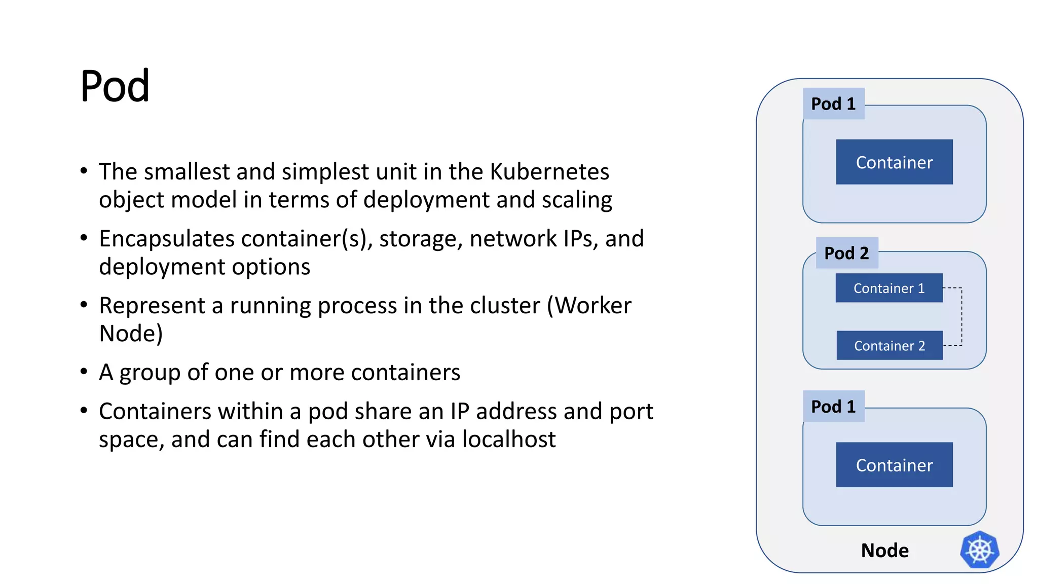 Node
Pod
Container
Pod 1
Container 1
Pod 2
• The smallest and simplest unit in the Kubernetes
object model in terms of deployment and scaling
• Encapsulates container(s), storage, network IPs, and
deployment options
• Represent a running process in the cluster (Worker
Node)
• A group of one or more containers
• Containers within a pod share an IP address and port
space, and can find each other via localhost
Container 2
Container
Pod 1
 