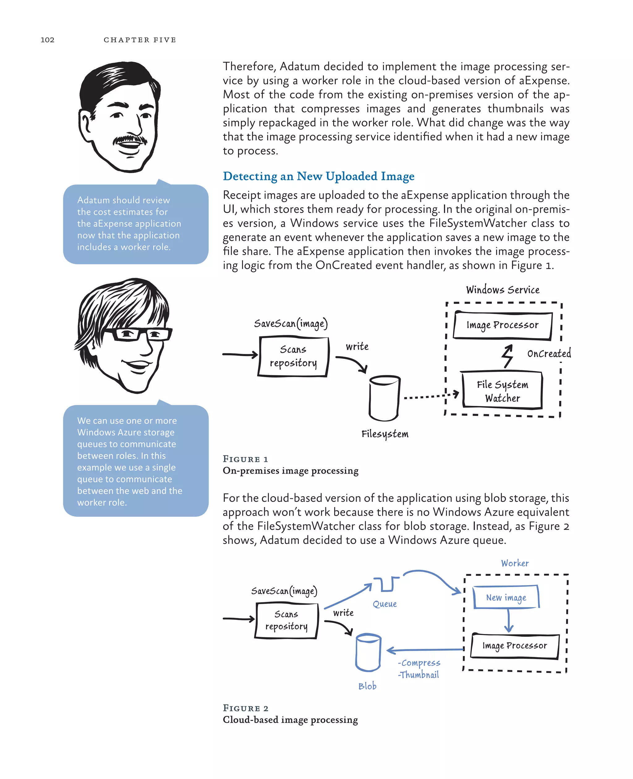 102         ch a pter fi v e

                                 Therefore, Adatum decided to implement the image processing ser-
                                 vice by using a worker role in the cloud-based version of aExpense.
                                 Most of the code from the existing on-premises version of the ap-
                                 plication that compresses images and generates thumbnails was
                                 simply repackaged in the worker role. What did change was the way
                                 that the image processing service identified when it had a new image
                                 to process.

                                 Detecting an New Uploaded Image
      Adatum should review       Receipt images are uploaded to the aExpense application through the
      the cost estimates for     UI, which stores them ready for processing. In the original on-premis-
      the aExpense application   es version, a Windows service uses the FileSystemWatcher class to
      now that the application   generate an event whenever the application saves a new image to the
      includes a worker role.    file share. The aExpense application then invokes the image process-
                                 ing logic from the OnCreated event handler, as shown in Figure 1.
                                                                                         Windows Service

                                       SaveScan(image)                                   Image Processor

                                            Scans           write
                                                                                                         OnCreated
                                          repository
                                                                                           File System
                                                                                             Watcher
      We can use one or more
      Windows Azure storage                                      Filesystem
      queues to communicate
      between roles. In this     Figure 1
      example we use a single    On-premises image processing
      queue to communicate
      between the web and the
      worker role.               For the cloud-based version of the application using blob storage, this
                                 approach won’t work because there is no Windows Azure equivalent
                                 of the FileSystemWatcher class for blob storage. Instead, as Figure 2
                                 shows, Adatum decided to use a Windows Azure queue.
                                                                                                Worker

                                      SaveScan(image)
                                                                                             New image
                                                                    Queue
                                           Scans         write
                                         repository
                                                                                            Image Processor
                                                                            -Compress
                                                                            -Thumbnail
                                                                 Blob

                                 Figure 2
                                 Cloud-based image processing
 
