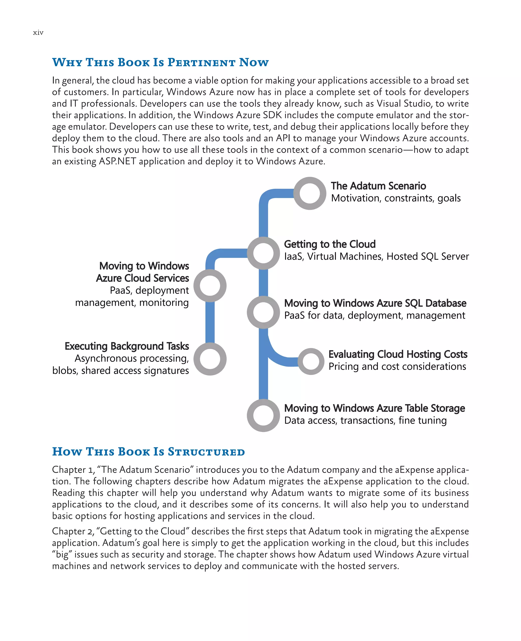 xiv



      Why This Book Is Pertinent Now
      In general, the cloud has become a viable option for making your applications accessible to a broad set
      of customers. In particular, Windows Azure now has in place a complete set of tools for developers
      and IT professionals. Developers can use the tools they already know, such as Visual Studio, to write
      their applications. In addition, the Windows Azure SDK includes the compute emulator and the stor-
      age emulator. Developers can use these to write, test, and debug their applications locally before they
      deploy them to the cloud. There are also tools and an API to manage your Windows Azure accounts.
      This book shows you how to use all these tools in the context of a common scenario—how to adapt
      an existing ASP.NET application and deploy it to Windows Azure.

                                                                           The Adatum Scenario
                                                                           Motivation, constraints, goals



                                                               Getting to the Cloud
                                                               IaaS, Virtual Machines, Hosted SQL Server
               Moving to Windows
              Azure Cloud Services
                 PaaS, deployment
           management, monitoring                              Moving to Windows Azure SQL Database
                                                               PaaS for data, deployment, management


         Executing Background Tasks
           Asynchronous processing,                                       Evaluating Cloud Hosting Costs
      blobs, shared access signatures                                     Pricing and cost considerations



                                                               Moving to Windows Azure Table Storage
                                                               Data access, transactions, fine tuning


      How This Book Is Structured
      Chapter 1, “The Adatum Scenario” introduces you to the Adatum company and the aExpense applica-
      tion. The following chapters describe how Adatum migrates the aExpense application to the cloud.
      Reading this chapter will help you understand why Adatum wants to migrate some of its business
      applications to the cloud, and it describes some of its concerns. It will also help you to understand
      basic options for hosting applications and services in the cloud.
      Chapter 2, “Getting to the Cloud” describes the first steps that Adatum took in migrating the aExpense
      application. Adatum’s goal here is simply to get the application working in the cloud, but this includes
      “big” issues such as security and storage. The chapter shows how Adatum used Windows Azure virtual
      machines and network services to deploy and communicate with the hosted servers.
 
