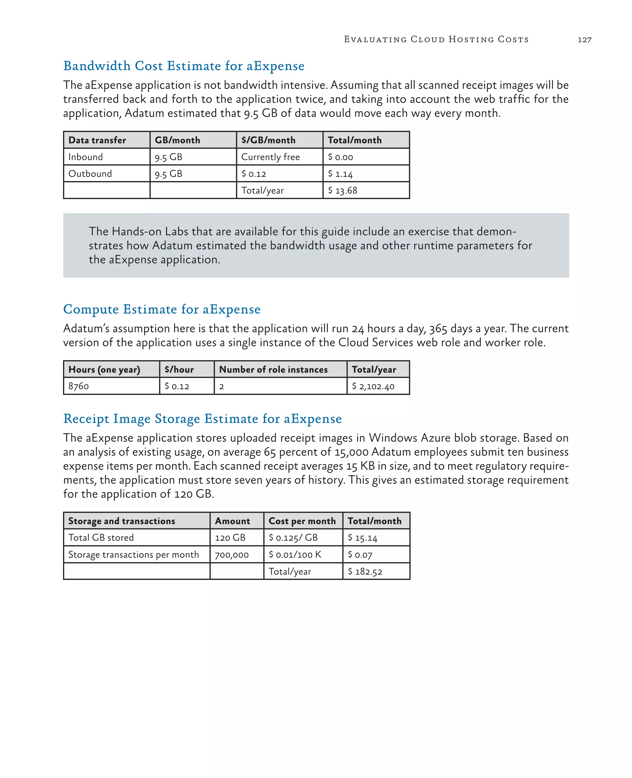 Eva luating Cloud Hosting Costs        127

Bandwidth Cost Estimate for aExpense
The aExpense application is not bandwidth intensive. Assuming that all scanned receipt images will be
transferred back and forth to the application twice, and taking into account the web traffic for the
application, Adatum estimated that 9.5 GB of data would move each way every month.

 Data transfer      GB/month           $/GB/month              Total/month
 Inbound            9.5 GB             Currently free          $ 0.00
 Outbound           9.5 GB             $ 0.12                  $ 1.14
                                       Total/year              $ 13.68



     The Hands-on Labs that are available for this guide include an exercise that demon-
     strates how Adatum estimated the bandwidth usage and other runtime parameters for
     the aExpense application.



Compute Estimate for aExpense
Adatum’s assumption here is that the application will run 24 hours a day, 365 days a year. The current
version of the application uses a single instance of the Cloud Services web role and worker role.

 Hours (one year)      $/hour     Number of role instances          Total/year
 8760                  $ 0.12     2                                 $ 2,102.40


Receipt Image Storage Estimate for aExpense
The aExpense application stores uploaded receipt images in Windows Azure blob storage. Based on
an analysis of existing usage, on average 65 percent of 15,000 Adatum employees submit ten business
expense items per month. Each scanned receipt averages 15 KB in size, and to meet regulatory require-
ments, the application must store seven years of history. This gives an estimated storage requirement
for the application of 120 GB.

 Storage and transactions         Amount        Cost per month     Total/month
 Total GB stored                  120 GB        $ 0.125/ GB        $ 15.14
 Storage transactions per month   700,000       $ 0.01/100 K       $ 0.07
                                                Total/year         $ 182.52
 
