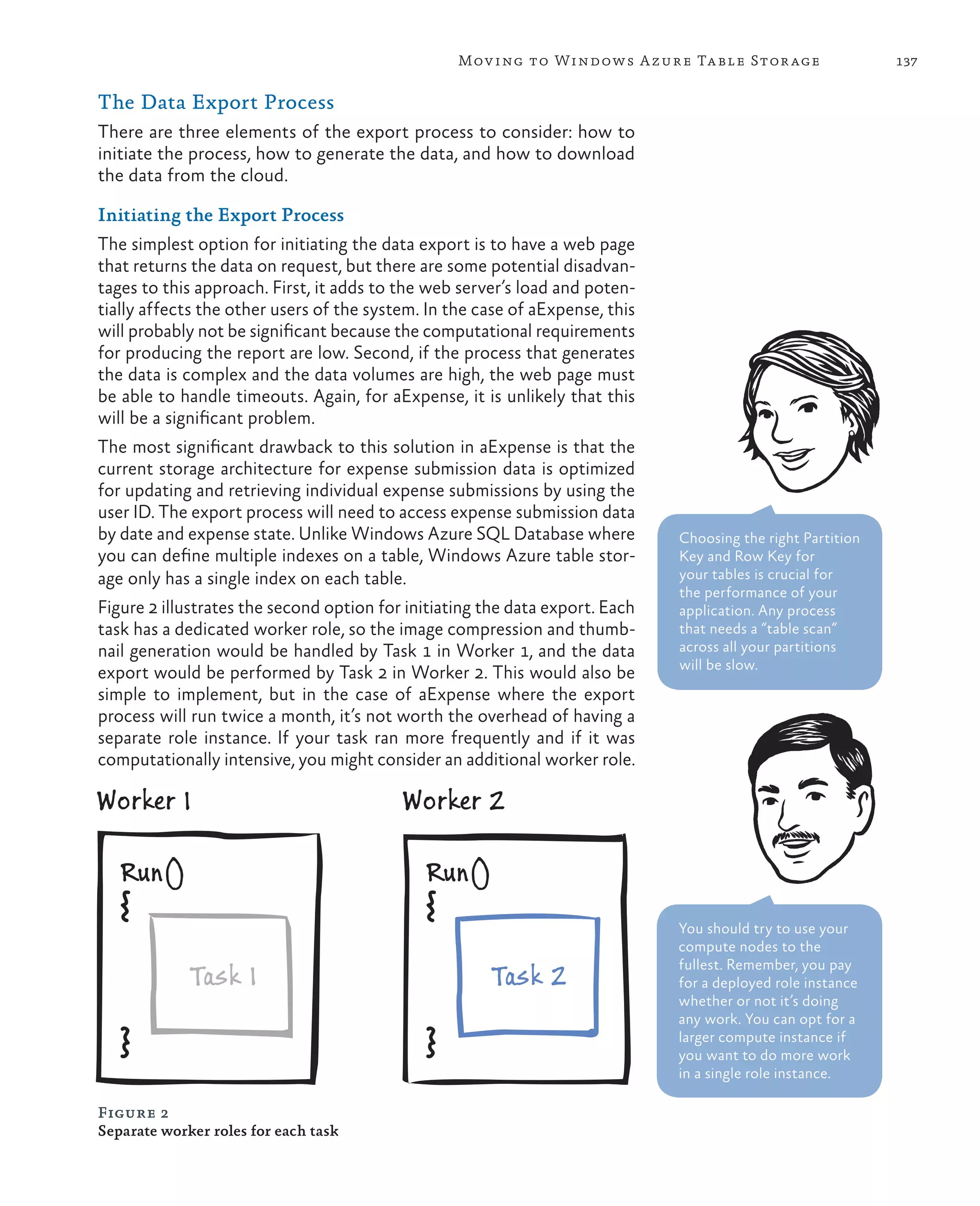 Mov ing to Windows A zure Ta ble Stor age                  137


The Data Export Process
There are three elements of the export process to consider: how to
initiate the process, how to generate the data, and how to download
the data from the cloud.

Initiating the Export Process
The simplest option for initiating the data export is to have a web page
that returns the data on request, but there are some potential disadvan-
tages to this approach. First, it adds to the web server’s load and poten-
tially affects the other users of the system. In the case of aExpense, this
will probably not be significant because the computational requirements
for producing the report are low. Second, if the process that generates
the data is complex and the data volumes are high, the web page must
be able to handle timeouts. Again, for aExpense, it is unlikely that this
will be a significant problem.
The most significant drawback to this solution in aExpense is that the
current storage architecture for expense submission data is optimized
for updating and retrieving individual expense submissions by using the
user ID. The export process will need to access expense submission data
by date and expense state. Unlike Windows Azure SQL Database where            Choosing the right Partition
you can define multiple indexes on a table, Windows Azure table stor-         Key and Row Key for
age only has a single index on each table.                                    your tables is crucial for
                                                                              the performance of your
Figure 2 illustrates the second option for initiating the data export. Each   application. Any process
task has a dedicated worker role, so the image compression and thumb-         that needs a “table scan”
nail generation would be handled by Task 1 in Worker 1, and the data          across all your partitions
                                                                              will be slow.
export would be performed by Task 2 in Worker 2. This would also be
simple to implement, but in the case of aExpense where the export
process will run twice a month, it’s not worth the overhead of having a
separate role instance. If your task ran more frequently and if it was
computationally intensive, you might consider an additional worker role.

Worker 1                                  Worker 2

   Run()                                     Run()
                                                                              You should try to use your
                                                                              compute nodes to the

             Task 1                                   Task 2
                                                                              fullest. Remember, you pay
                                                                              for a deployed role instance
                                                                              whether or not it’s doing
                                                                              any work. You can opt for a
                                                                              larger compute instance if
                                                                              you want to do more work
                                                                              in a single role instance.

Figure 2
Separate worker roles for each task
 