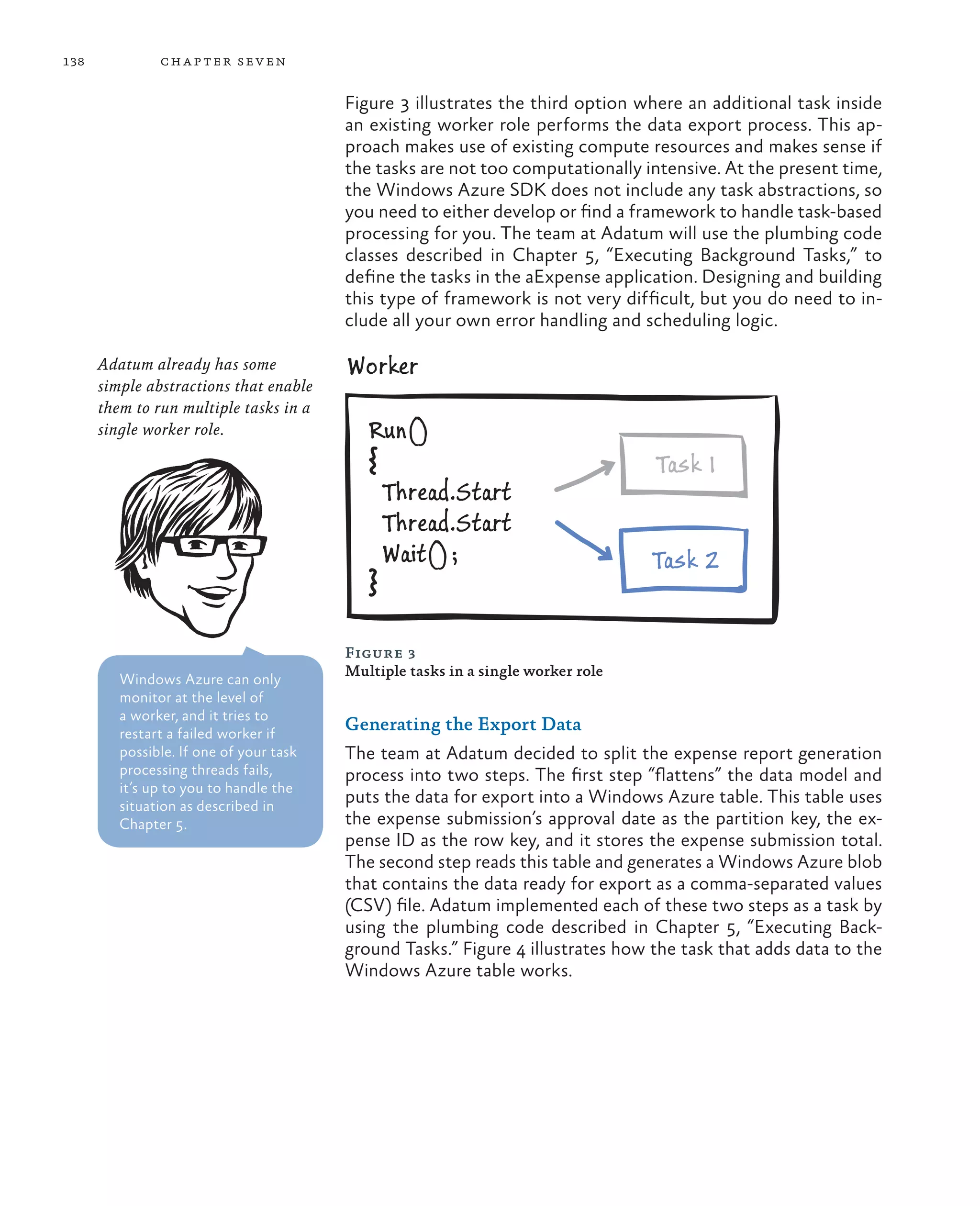 138            ch a pter sev en


                                         Figure 3 illustrates the third option where an additional task inside
                                         an existing worker role performs the data export process. This ap-
                                         proach makes use of existing compute resources and makes sense if
                                         the tasks are not too computationally intensive. At the present time,
                                         the Windows Azure SDK does not include any task abstractions, so
                                         you need to either develop or find a framework to handle task-based
                                         processing for you. The team at Adatum will use the plumbing code
                                         classes described in Chapter 5, “Executing Background Tasks,” to
                                         define the tasks in the aExpense application. Designing and building
                                         this type of framework is not very difficult, but you do need to in-
                                         clude all your own error handling and scheduling logic.

      Adatum already has some            Worker
      simple abstractions that enable
      them to run multiple tasks in a
      single worker role.                   Run( )
                                                                                  Task 1
                                              Thread.Start
                                              Thread.Start
                                              Wait( ) ;                           Task 2


                                         Figure 3
                                         Multiple tasks in a single worker role
         Windows Azure can only
         monitor at the level of
         a worker, and it tries to
         restart a failed worker if
                                         Generating the Export Data
         possible. If one of your task   The team at Adatum decided to split the expense report generation
         processing threads fails,       process into two steps. The first step “flattens” the data model and
         it’s up to you to handle the
         situation as described in
                                         puts the data for export into a Windows Azure table. This table uses
         Chapter 5.                      the expense submission’s approval date as the partition key, the ex-
                                         pense ID as the row key, and it stores the expense submission total.
                                         The second step reads this table and generates a Windows Azure blob
                                         that contains the data ready for export as a comma-separated values
                                         (CSV) file. Adatum implemented each of these two steps as a task by
                                         using the plumbing code described in Chapter 5, “Executing Back-
                                         ground Tasks.” Figure 4 illustrates how the task that adds data to the
                                         Windows Azure table works.
 