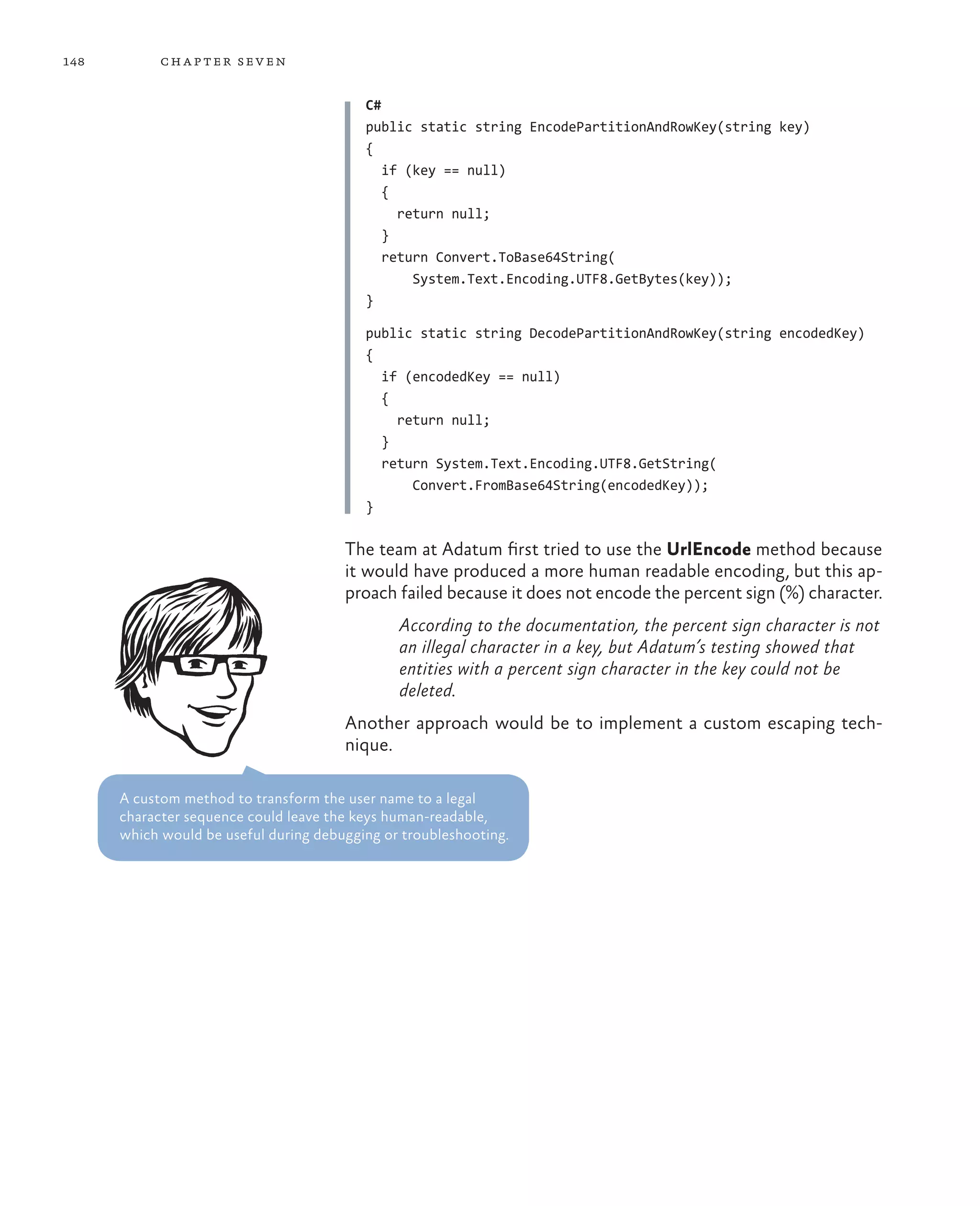 148         ch a pter sev en


                                          C#
                                          public static string EncodePartitionAndRowKey(string key)
                                          {
                                             if (key == null)
                                             {
                                               return null;
                                             }
                                             return Convert.ToBase64String(
                                                 System.Text.Encoding.UTF8.GetBytes(key));
                                          }

                                          public static string DecodePartitionAndRowKey(string encodedKey)
                                          {
                                            if (encodedKey == null)
                                            {
                                              return null;
                                            }
                                            return System.Text.Encoding.UTF8.GetString(
                                                Convert.FromBase64String(encodedKey));
                                          }

                                       The team at Adatum first tried to use the UrlEncode method because
                                       it would have produced a more human readable encoding, but this ap-
                                       proach failed because it does not encode the percent sign (%) character.
                                               According to the documentation, the percent sign character is not
                                               an illegal character in a key, but Adatum’s testing showed that
                                               entities with a percent sign character in the key could not be
                                               deleted.
                                       Another approach would be to implement a custom escaping tech-
                                       nique.

      A custom method to transform the user name to a legal
      character sequence could leave the keys human-readable,
      which would be useful during debugging or troubleshooting.
 