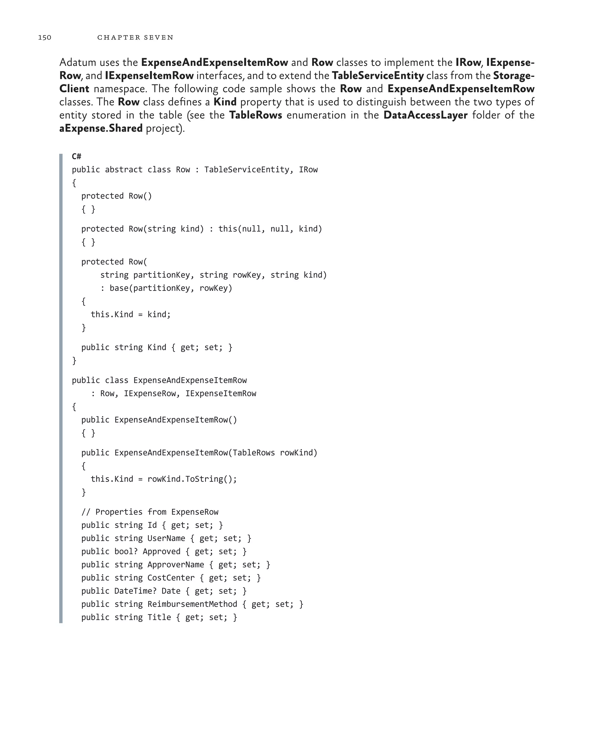 150            ch a pter sev en

      Adatum uses the ExpenseAndExpenseItemRow and Row classes to implement the IRow, IExpense-
      Row, and IExpenseItemRow interfaces, and to extend the TableServiceEntity class from the Storage-
      Client namespace. The following code sample shows the Row and ExpenseAndExpenseItemRow
      classes. The Row class defines a Kind property that is used to distinguish between the two types of
      entity stored in the table (see the TableRows enumeration in the DataAccessLayer folder of the
      aExpense.Shared project).

        C#
        public abstract class Row : TableServiceEntity, IRow
        {
           protected Row()
           { }

            protected Row(string kind) : this(null, null, kind)
            { }

            protected Row(
                string partitionKey, string rowKey, string kind)
                : base(partitionKey, rowKey)
            {
              this.Kind = kind;
            }

            public string Kind { get; set; }
        }

        public class ExpenseAndExpenseItemRow
            : Row, IExpenseRow, IExpenseItemRow
        {
          public ExpenseAndExpenseItemRow()
          { }

            public ExpenseAndExpenseItemRow(TableRows rowKind)
            {
              this.Kind = rowKind.ToString();
            }

            // Properties from ExpenseRow
            public string Id { get; set; }
            public string UserName { get; set; }
            public bool? Approved { get; set; }
            public string ApproverName { get; set; }
            public string CostCenter { get; set; }
            public DateTime? Date { get; set; }
            public string ReimbursementMethod { get; set; }
            public string Title { get; set; }
 