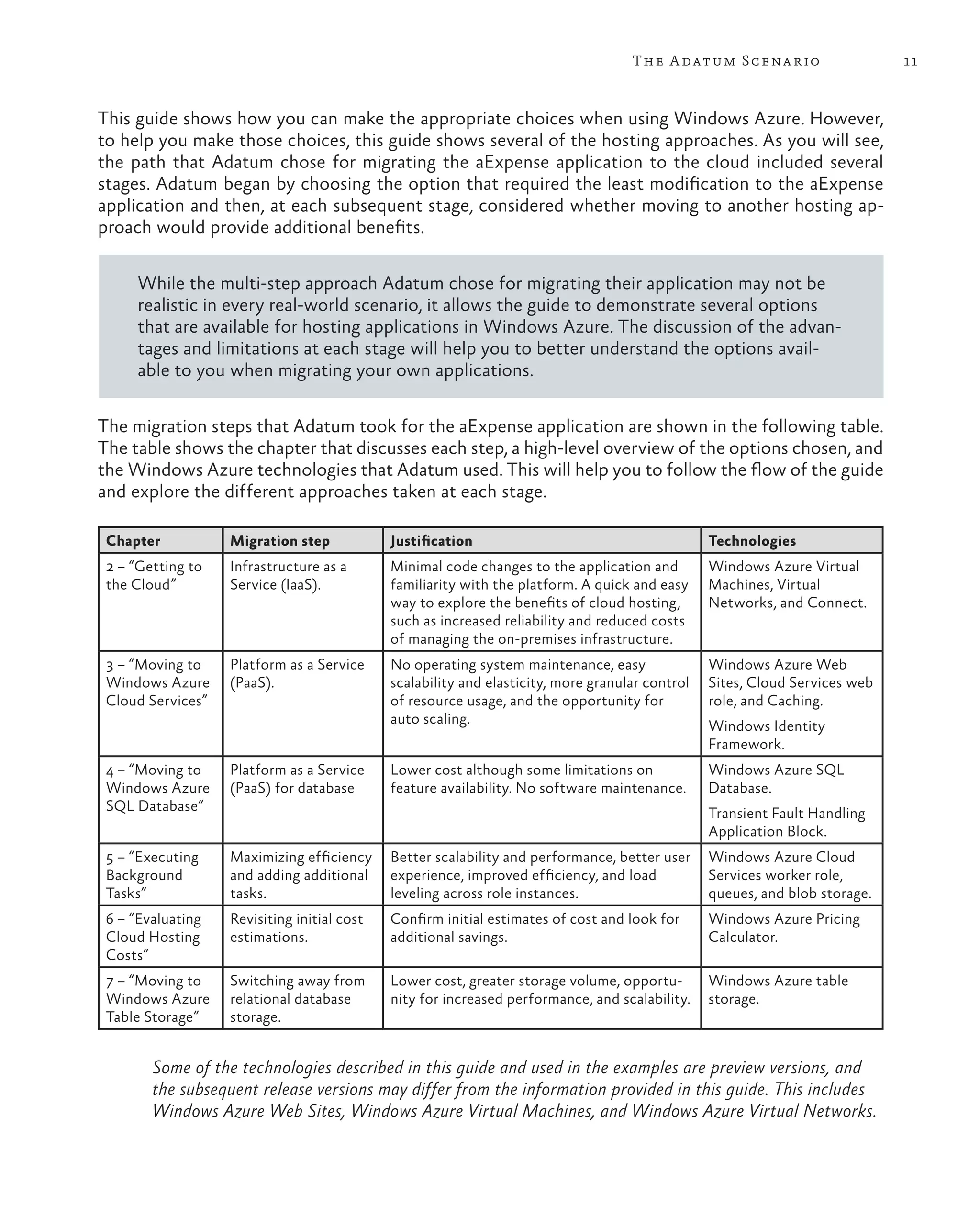 The A datum Scena rio                    11



This guide shows how you can make the appropriate choices when using Windows Azure. However,
to help you make those choices, this guide shows several of the hosting approaches. As you will see,
the path that Adatum chose for migrating the aExpense application to the cloud included several
stages. Adatum began by choosing the option that required the least modification to the aExpense
application and then, at each subsequent stage, considered whether moving to another hosting ap-
proach would provide additional benefits.

     While the multi-step approach Adatum chose for migrating their application may not be
     realistic in every real-world scenario, it allows the guide to demonstrate several options
     that are available for hosting applications in Windows Azure. The discussion of the advan-
     tages and limitations at each stage will help you to better understand the options avail-
     able to you when migrating your own applications.

The migration steps that Adatum took for the aExpense application are shown in the following table.
The table shows the chapter that discusses each step, a high-level overview of the options chosen, and
the Windows Azure technologies that Adatum used. This will help you to follow the flow of the guide
and explore the different approaches taken at each stage.

 Chapter           Migration step            Justification                                       Technologies
 2 – “Getting to   Infrastructure as a       Minimal code changes to the application and         Windows Azure Virtual
 the Cloud”        Service (IaaS).           familiarity with the platform. A quick and easy     Machines, Virtual
                                             way to explore the benefits of cloud hosting,       Networks, and Connect.
                                             such as increased reliability and reduced costs
                                             of managing the on-premises infrastructure.
 3 – “Moving to    Platform as a Service     No operating system maintenance, easy               Windows Azure Web
 Windows Azure     (PaaS).                   scalability and elasticity, more granular control   Sites, Cloud Services web
 Cloud Services”                             of resource usage, and the opportunity for          role, and Caching.
                                             auto scaling.                                       Windows Identity
                                                                                                 Framework.
 4 – “Moving to    Platform as a Service     Lower cost although some limitations on             Windows Azure SQL
 Windows Azure     (PaaS) for database       feature availability. No software maintenance.      Database.
 SQL Database”                                                                                   Transient Fault Handling
                                                                                                 Application Block.
 5 – “Executing    Maximizing efficiency     Better scalability and performance, better user     Windows Azure Cloud
 Background        and adding additional     experience, improved efficiency, and load           Services worker role,
 Tasks”            tasks.                    leveling across role instances.                     queues, and blob storage.
 6 – “Evaluating   Revisiting initial cost   Confirm initial estimates of cost and look for      Windows Azure Pricing
 Cloud Hosting     estimations.              additional savings.                                 Calculator.
 Costs”
 7 – “Moving to    Switching away from       Lower cost, greater storage volume, opportu-        Windows Azure table
 Windows Azure     relational database       nity for increased performance, and scalability.    storage.
 Table Storage”    storage.


        Some of the technologies described in this guide and used in the examples are preview versions, and
        the subsequent release versions may differ from the information provided in this guide. This includes
        Windows Azure Web Sites, Windows Azure Virtual Machines, and Windows Azure Virtual Networks.
 