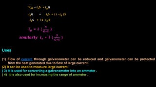 𝑽 𝑨𝑩 = 𝒊 𝒔S = 𝒊 𝒈G
𝒊 𝒈G = 𝒊 𝒔S = ( i - 𝒊 𝒈 ) S
𝒊 𝒈G = i S - 𝒊 𝒈 S
𝒊 𝒈 = 𝒊 (
𝑺
𝑮+𝑺
)
𝒔𝒊𝒎𝒊𝒍𝒂𝒓𝒍𝒚 𝒊 𝒔 = 𝒊 (
𝑺
𝑮+𝑺
)
Uses
(1) Flow of current through galvanometer can be reduced and galvanometer can be protected
from the heat generated due to flow of large current.
(2) It can be used to measure large current.
( 3) It is used for converting a galvanometer into an ammeter .
( 4) it is also used for increasing the range of ammeter .
 
