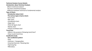 Technical Analysis Course Details:
Introduction about Technical Analysis
What is technical analysis?
The basis of technical analysis
Difference between technical vs fundamental analysis
Type of Charts
Introduction about chart
The various types of price charts
•Line chart
•Bar chart
•Candlestick chart
•Kagi chart
•Point & Figure chart
•Renko chart
•Three Line Break chart
Trend lines
•What is the purpose of drawing trend lines?
•How to plot trend lines
Candlestick study
One candlestick pattern
•Doji
•Hammer / Hanging Man
•Inverted Hammer / Shooting Star
•Spinning Top
•Marubozu
 