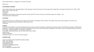 Smart Disha Academy: Navigating Your Career to Success
Expert in 4C:
CUSTOMISED TRAINING
•Personality Development ( Business English, Public Speaking, Personal Grooming, Communication Skill, English Bolo, & Prepare Exam like IELTS, TOEFL, GRE,
GMAT, UPSC, GPSC, SSC etc)
•Sales Skills
•Life Skills
•Management Development Programs (Corporate Training, Soft Skill Training, Campus to Corporate programs for College… etc)
•Entrepreneurship Development
COACHING
•Indian Defence Services ( SSB Interview Coaching, NDA Written, CDS Written, AFCAT Written, OTA Written, ACC Exam, Naval Academy, Tech Entry etc)
•Banking/ Competitive Exam( SBI Entrance, IBPS Entrance etc)
•Academics
CAREER
•Financial & Stock Market ( Job oriented professional stock market courses for job seekers, certificate stock market courses, NCFM Module preparation, NISM Module
preparation, Complete Knowledge for self trader, Knowledge for House wife for part time trading, Knowledge for job holders for part time trading, Advanced courses on
stock market, Technical analysis, Fundamental Analysis etc)
•IT & ESDM : Digital Marketing & Lean Six Sigma Awareness Program
•Solar Energy
•Beauty & Wellness
•Entrepreneurship ( TTT- Train The Trainer program)
COUNSELLING
•Career Counselling with Complete Personality Analysis
•DMIT- Brain Mapping
•Online Aptitude Tests
•Handwriting Analysis
•STUDENT VISA IMMIGRATION
•STUDY ABROAD
•PR- PERMANENT RESIDENTSHIP
 