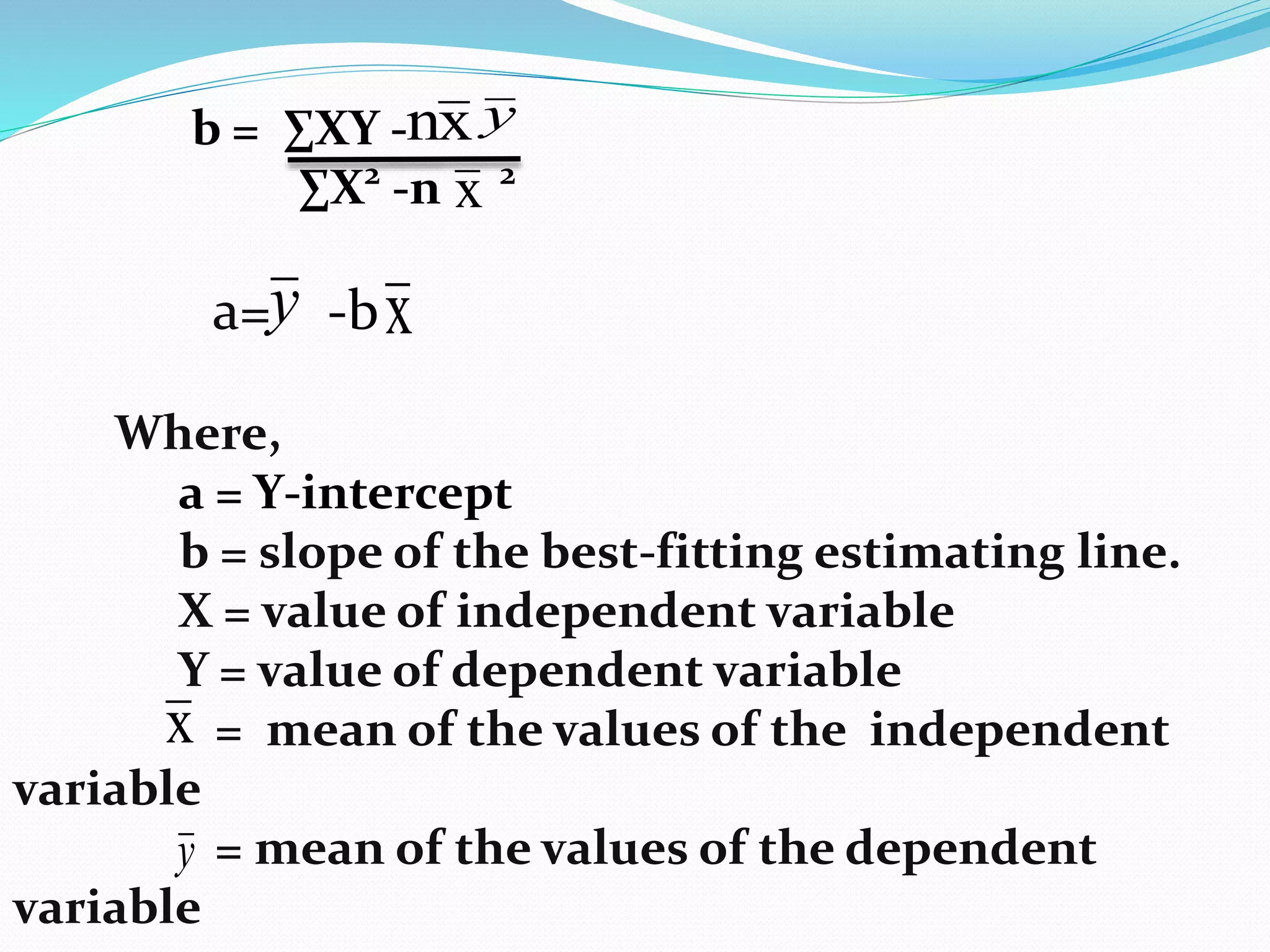 b = ∑XY -
∑X2
-n 2
a= -b
Where,
a = Y-intercept
b = slope of the best-fitting estimating line.
X = value of independent variable
Y = value of dependent variable
= mean of the values of the independent
variable
= mean of the values of the dependent
variable
x
x
y
xn
y x
y
 