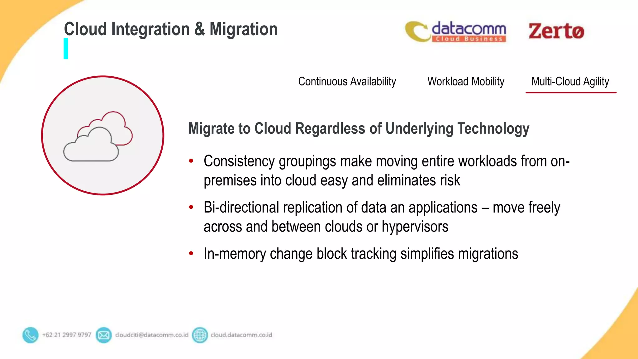 • Consistency groupings make moving entire workloads from on-
premises into cloud easy and eliminates risk
• Bi-directional replication of data an applications – move freely
across and between clouds or hypervisors
• In-memory change block tracking simplifies migrations
Cloud Integration & Migration
Continuous Availability Multi-Cloud AgilityWorkload Mobility
Migrate to Cloud Regardless of Underlying Technology
 