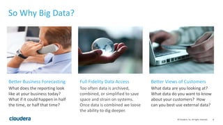 8© Cloudera, Inc. All rights reserved.
So Why Big Data?
What does the reporting look
like at your business today?
What if it could happen in half
the time, or half that time?
What data are you looking at?
What data do you want to know
about your customers? How
can you best use external data?
Too often data is archived,
combined, or simplified to save
space and strain on systems.
Once data is combined we loose
the ability to dig deeper.
Better Business Forecasting Better Views of CustomersFull Fidelity Data Access
 