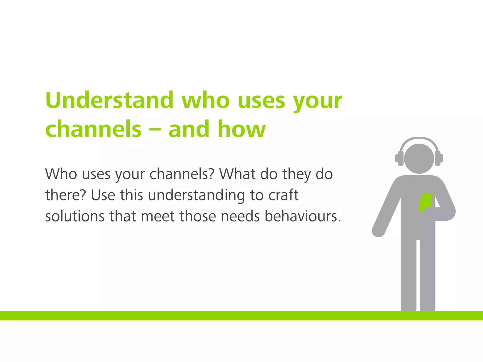 Understand who uses your
channels – and how
Who uses your channels? What do they do
there? Use this understanding to craft
solutions that meet those needs behaviours.
 