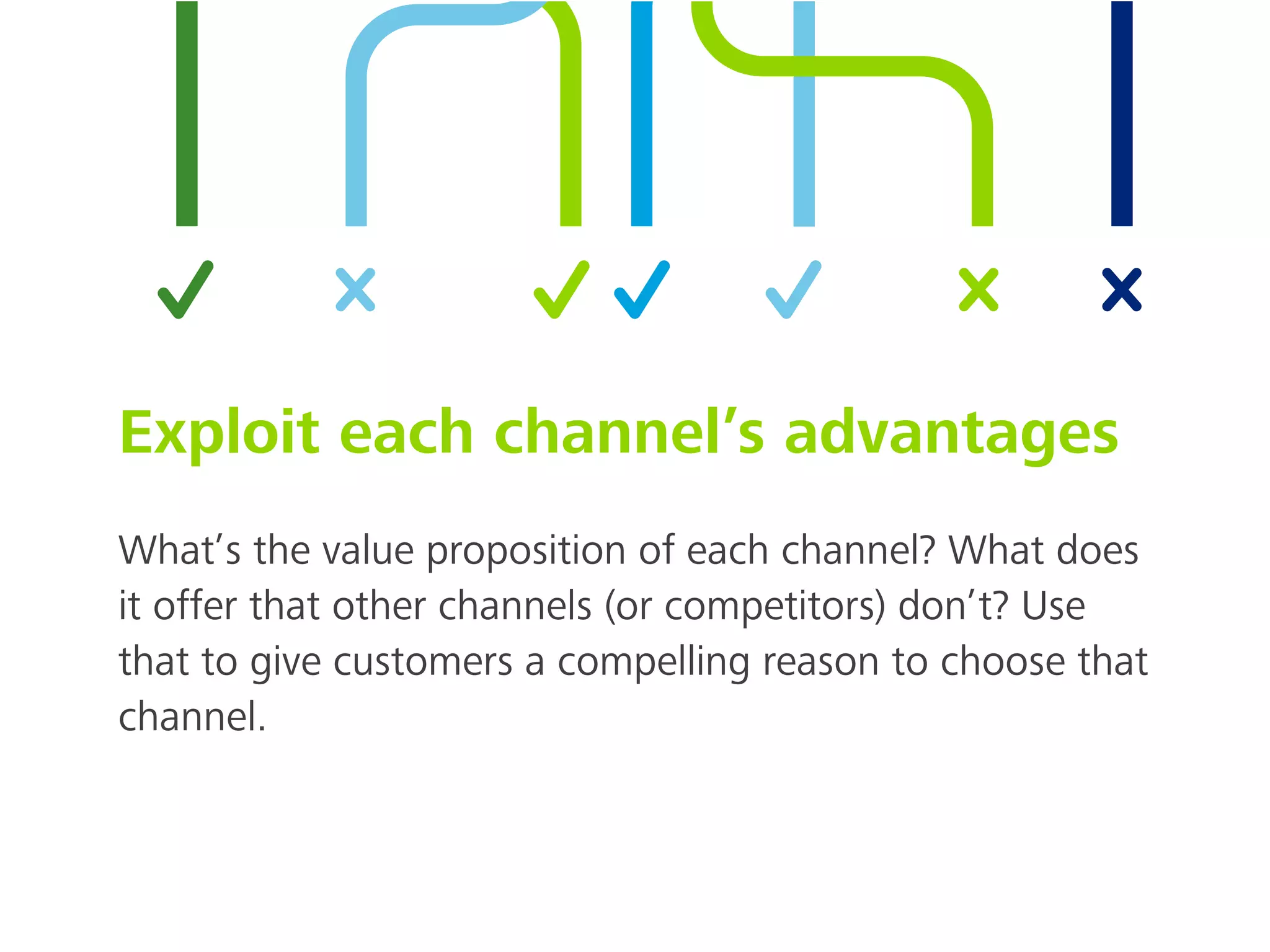 Exploit each channel’s advantages
What’s the value proposition of each channel? What does
it offer that other channels (or competitors) don’t? Use
that to give customers a compelling reason to choose that
channel.
 
