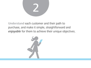 Understand each customer and their path to
purchase, and make it simple, straightforward and
enjoyable for them to achieve their unique objectives.
2
 