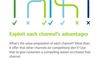 Exploit each channel’s advantages
What’s the value proposition of each channel? What does
it offer that other channels (or competitors) don’t? Use
that to give customers a compelling reason to choose that
channel.
 