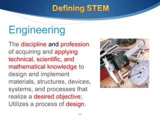 Engineering
The discipline and profession
of acquiring and applying
technical, scientific, and
mathematical knowledge to
design and implement
materials, structures, devices,
systems, and processes that
realize a desired objective;
Utilizes a process of design.
                          11
 