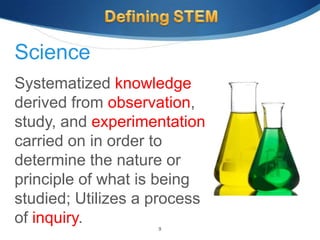 Science
Systematized knowledge
derived from observation,
study, and experimentation
carried on in order to
determine the nature or
principle of what is being
studied; Utilizes a process
of inquiry.         9
 