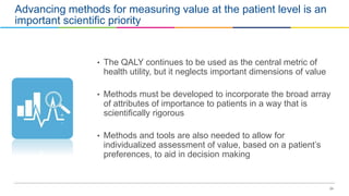 24
Advancing methods for measuring value at the patient level is an
important scientific priority
• The QALY continues to be used as the central metric of
health utility, but it neglects important dimensions of value
• Methods must be developed to incorporate the broad array
of attributes of importance to patients in a way that is
scientifically rigorous
• Methods and tools are also needed to allow for
individualized assessment of value, based on a patient’s
preferences, to aid in decision making
 