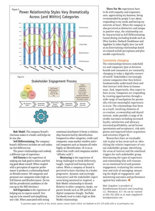 To purchase paper reprints of this article, please contact Quirk's Editor Joe Rydholm at 651-379-6200 x204 or at joe@quirks.com.
Role Model. The company/brand’s
charisma makes it a leader and helps me
be one also.
Self-Differentiating. The company/
brand’s difference includes me and makes
me feel different too.
The power relationships each embody
a different type of experience.
Self-Esteem is the experience of
making one look good to others and feel-
ing good about oneself. When coupled
with a perception of superior perfor-
mance it produces a relationship based
on Reinforcement. Oil companies and
personal care companies index high on
Self-Esteem and Reinforcement. (So too
did the presidential candidates in the
run-up to the 2012 elections.)
Self-Expression is the experience of
helping one to express oneself, free-
ing one to be oneself and simplifying
one’s life. When associated with strong
emotional attachment it forms a relation-
ship characterized by identification.
Compared to other categories, credit card
companies, mass-market retailers and e-
tail companies such as Amazon all index
highly on Identification. (It is no ac-
cident that credit card companies market
“affinity cards”).
Mentoring is the experience of
being challenged to think differently,
taught, inspired and having shared
values. When a company or brand is
perceived to have charisma (is a leader,
progressive, dynamic and excitingly
innovative) and the stakeholder experi-
ences being mentored or inspired, a
Role Model relationship is formed.
Relative to other categories, banks, cor-
porate brands such as 3M and GE and
digital companies (Google, YouTube,
Facebook) tend to index high on Role
Model relationships.
There For Me experiences have
to do with empathy and responsive-
ness: appreciating my business, being
recommended by people I care about,
responding to my needs and having my
interests at heart. When the company is
also perceived as distinctive and unique
in positive ways, the relationship can
be characterized as Self-Differentiating.
Casual dining (including brands such as
Olive Garden, Outback Steakhouse and
Applebee’s) index highly here (as well
as on Entertaining relationships based
on relaxed stylish perceptions and plea-
surable experiences).
Constantly changing
The relationships between stakehold-
ers and companies (just as between
brands and consumers) are constantly
changing in today’s digitally-connect-
ed world. Stakeholders increasingly
esteem companies that they believe
fundamentally understand them and
that interact with them in human
ways. And, importantly, they expect to
have access. Companies are responding
by creating opportunities through a
wide range of touchpoints for person-
ally relevant meaningful experiences
to occur. The relationships that form
as a result, involving elements of
co-creation, co-ownership and shared
interest, make possible a range of de-
sirable outcomes including increased
loyalty, satisfaction and advocacy,
increased profitability, social license
(permission and acceptance), risk miti-
gation and improved talent acquisition
and retention (Figure 6).
Researchers have an invaluable
role to play in key areas such as: iden-
tifying the relative importance of vari-
ous stakeholder groups; identifying
the areas of interest and the emotional
triggers for each stakeholder group;
determining the types of experience
and relationship that will resonate
on an emotional level and promote
engagement; evaluating the content,
tone and style of messaging; measur-
ing the depth of engagement; and
monitoring outcomes and performance
against key indicators.
Mark Stapylton is president of
BrandPanorama Research and Consulting
LLC, Rhinebeck, N.Y. He can be reached
at 845-702-2045 or at mark.stapylton@
brandpanorama.com.
FOR ELECTRONIC
OUTPUT ONLY
 