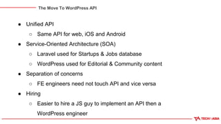 The Move To WordPress API
● Unified API
○ Same API for web, iOS and Android
● Service-Oriented Architecture (SOA)
○ Laravel used for Startups & Jobs database
○ WordPress used for Editorial & Community content
● Separation of concerns
○ FE engineers need not touch API and vice versa
● Hiring
○ Easier to hire a JS guy to implement an API then a
WordPress engineer
 