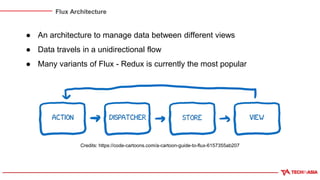 Flux Architecture
● An architecture to manage data between different views
● Data travels in a unidirectional flow
● Many variants of Flux - Redux is currently the most popular
Credits: https://code-cartoons.com/a-cartoon-guide-to-flux-6157355ab207
 