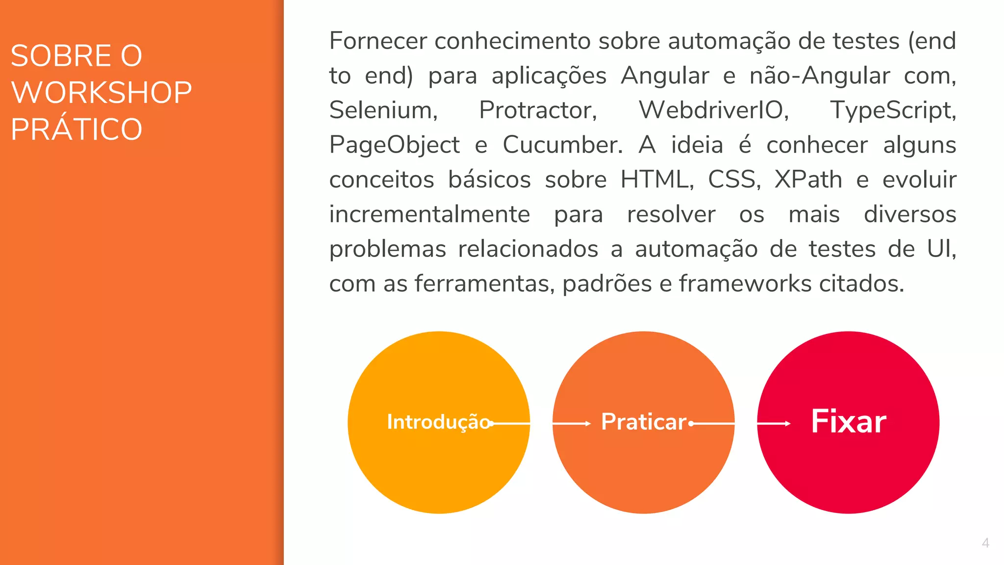 SOBRE O
WORKSHOP
PRÁTICO
4
Fornecer conhecimento sobre automação de testes (end
to end) para aplicações Angular e não-Angular com,
Selenium, Protractor, WebdriverIO, TypeScript,
PageObject e Cucumber. A ideia é conhecer alguns
conceitos básicos sobre HTML, CSS, XPath e evoluir
incrementalmente para resolver os mais diversos
problemas relacionados a automação de testes de UI,
com as ferramentas, padrões e frameworks citados.
Praticar FixarIntrodução
 