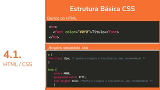 4.1.
HTML / CSS
38
Estrutura Básica CSS
Dentro do HTML
Arquivo separado .css
 