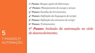 6868
5
7 PASSOS P/
AUTOMAÇÃO
1° Passo: Busque apoio da liderança;
2° Passo: Planejamento de escopo e prazo;
3° Passo: Escolha da Ferramenta;
4° Passo: Definição da linguagem de script;
5° Passo: Definição da estrutura de script;
6° Passo: Treinamento;
7° Passo: Inclusão da automação no ciclo
de desenvolvimento;
 
