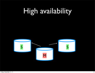 High availability



                          S                  S

                                    M



Friday, November 11, 11                           8
 