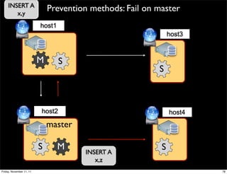 INSERT A
        x,y
                              Prevention methods: Fail on master
                          host1
                                                               host3



                          M       S
                                                          S



                          host2                                host4
                              master

                          S       M                        S
                                       INSERT A
                                          x,z
Friday, November 11, 11                                                78
 