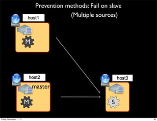 Prevention methods: Fail on slave
                          host1
                                         (Multiple sources)



                          M




                          host2                               host3
                              master

                          M                               S

Friday, November 11, 11                                               80
 