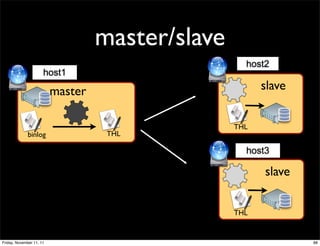 master/slave
                                                    host2
                      host1

                          master                        slave


                                                  THL
              binlog                THL

                                                    host3

                                                        slave


                                                  THL


Friday, November 11, 11                                         88
 