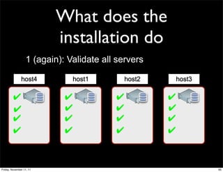 What does the
                          installation do
                   1 (again): Validate all servers

               host4             host1        host2   host3

         ✔                   ✔            ✔           ✔
         ✔                   ✔            ✔           ✔
         ✔                   ✔            ✔           ✔
         ✔                   ✔            ✔           ✔



Friday, November 11, 11                                       95
 