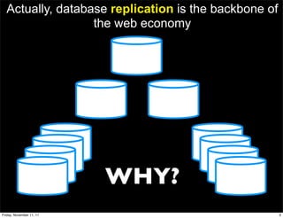 Actually, database replication is the backbone of
                  the web economy




                          WHY?
Friday, November 11, 11                               3
 