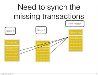 Need to synch the
                          missing transactions
                                               New master


          Slave 1                Slave 2
                                                Binary log

                                               Transactions
                                               ========
          Binary log             Binary log    ========
                                               ========
        Transactions            Transactions   ========
        ========                ========
        ========                ========
        ========                ========
        ========                ========




Friday, November 11, 11                                       40
 