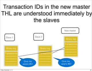 Transaction IDs in the new master
 THL are understood immediately by
             the slaves
                                                          New master


          Slave 1                     Slave 2
                                                            Binary log

                                                           Transactions
                                                           ========
          Binary log                       Binary log      ========
                                                           ========
        Transactions                     Transactions      ========
        ========                         ========
        ========                         ========
        ========           Give me       ========        Give me
        ========          seqno #51      ========       seqno #67

Friday, November 11, 11                                                   48
 