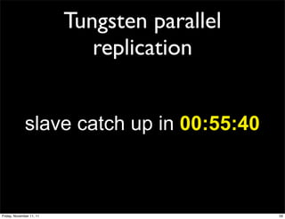 Tungsten parallel
                             replication


              slave catch up in 00:55:40



Friday, November 11, 11                       59
 