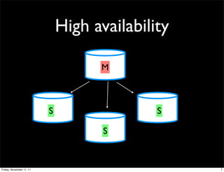 High availability

                                    M



                          S                  S

                                     S



Friday, November 11, 11                           7
 