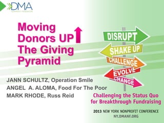 Moving
Donors UP
The Giving
Pyramid
JANN SCHULTZ, Operation Smile
ANGEL A. ALOMA, Food For The Poor
MARK RHODE, Russ Reid
 