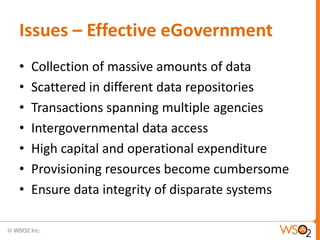 Issues – Effective eGovernment
•   Collection of massive amounts of data
•   Scattered in different data repositories
•   Transactions spanning multiple agencies
•   Intergovernmental data access
•   High capital and operational expenditure
•   Provisioning resources become cumbersome
•   Ensure data integrity of disparate systems
 