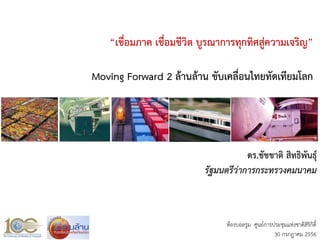 “เชื่อมภาค เชื่อมชีวิต บูรณาการทุกทิศสู่ความเจริญ”
Moving Forward 2 ล้านล้าน ขับเคลื่อนไทยทัดเทียมโลก
ห้องบอลรูม ศูนย์การประชุมแห่งชาติสิริกิติ์
30 กรกฎาคม 2556
ดร.ชัชชาติ สิทธิพันธุ์
รัฐมนตรีว่าการกระทรวงคมนาคม
 