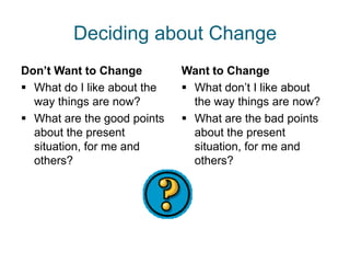 Deciding about Change
Don’t Want to Change         Want to Change
 What do I like about the    What don’t I like about
  way things are now?          the way things are now?
 What are the good points    What are the bad points
  about the present            about the present
  situation, for me and        situation, for me and
  others?                      others?
 