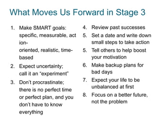 What Moves Us Forward in Stage 3
1. Make SMART goals:            4. Review past successes
   specific, measurable, act    5. Set a date and write down
   ion-                            small steps to take action
   oriented, realistic, time-   5. Tell others to help boost
   based                           your motivation
2. Expect uncertainty;          6. Make backup plans for
   call it an “experiment”         bad days

3. Don’t procrastinate;         7. Expect your life to be
                                   unbalanced at first
   there is no perfect time
   or perfect plan, and you     8. Focus on a better future,
                                   not the problem
   don’t have to know
   everything
 