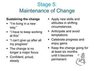 Stage 5:
          Maintenance of Change
Sustaining the change           Apply new skills and
 “I’m living in a new           attitudes in shifting
  way.”                          circumstances
 “I have to keep working       Anticipate and avoid
  at this”                       temptations
 “I can’t give up after all    Celebrate progress and
  my progress”                   enjoy gains
 The change is no              Keep the change going for
  longer a major focus           at least six months
 Confident, proud,              until it becomes
  steady                         permanent
 