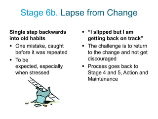 Stage 6b. Lapse from Change

Single step backwards        “I slipped but I am
into old habits               getting back on track”
 One mistake, caught        The challenge is to return
   before it was repeated     to the change and not get
 To be                       discouraged
   expected, especially      Process goes back to
   when stressed              Stage 4 and 5, Action and
                              Maintenance
 