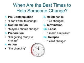 When Are the Best Times to
       Help Someone Change?
1. Pre-Contemplation         5. Maintenance
• “I don’t want to change”   • “I’ve changed”
2. Contemplation             6. Termination
• “Maybe I should change”    6b. Lapse
3. Preparation               • “I made a mistake”
• “I’m getting ready to      6c. Relapse
   change”                   • “I can’t change”
4. Action
• “I’m changing”
 