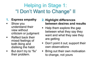 Helping in Stage 1:
      “I Don’t Want to Change” II
1. Express empathy         2. Highlight differences
 Show you                    between desires and results
   understand their         Help them explore the gap
   view without               between what they say they
   criticism or judgment
                              want and what they see they
 Reflect back their          are getting
   mixed feelings of
   both liking and          Don’t point it out; support their
   disliking the habit        own observations
 But don’t try to “fix”    Bring out their own motivation
   their problem.             to change, not yours
 