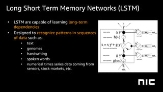 Long Short Term Memory Networks (LSTM)
• LSTM are capable of learning long-term
dependencies
• Designed to recognize patterns in sequences
of data such as:
• text
• genomes
• handwriting
• spoken words
• numerical times series data coming from
sensors, stock markets, etc.
 